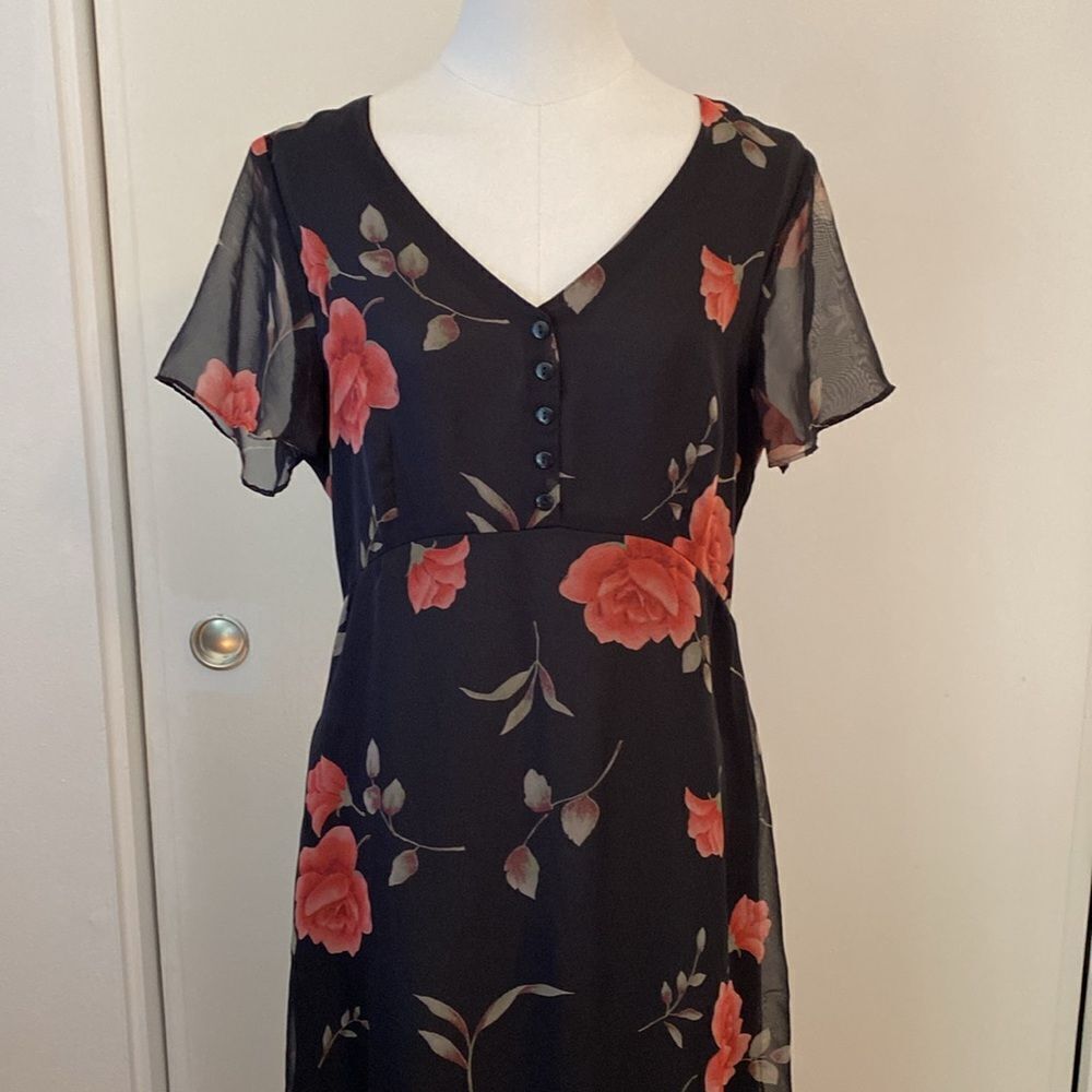 Vintage 90's Kathie Lee Black Rose Print Midi Dress Size 8 - Picture 3 of 12
